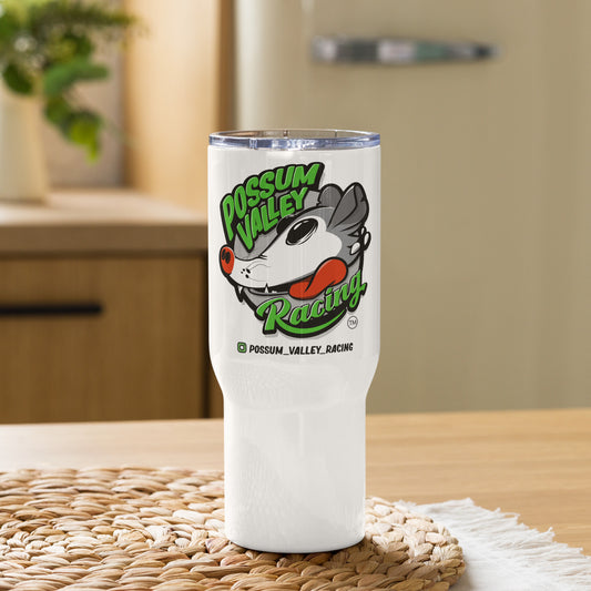 Possum Valley Logo travel mug with a handle