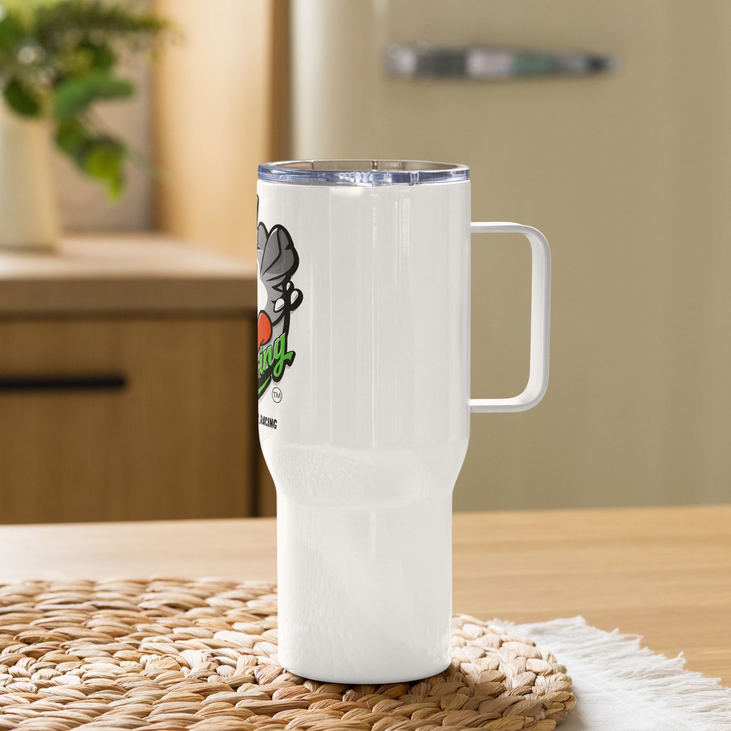 Possum Valley Logo travel mug with a handle