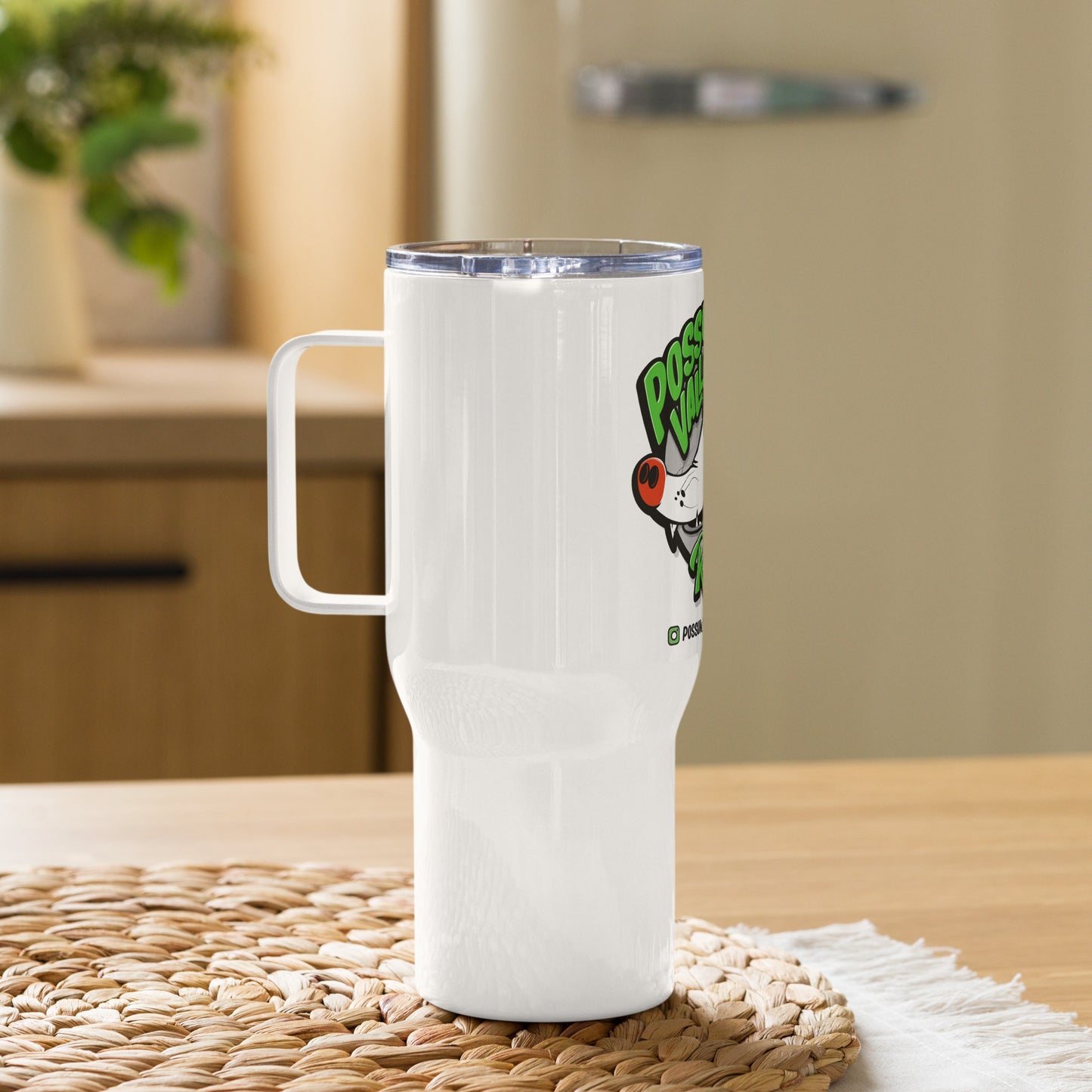 Possum Valley Logo travel mug with a handle